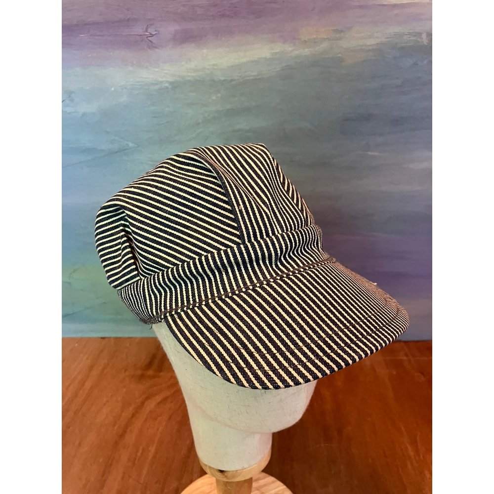 Vintage Hickory Stripe Denim Train Engineer Hat Railroad Cap Made in USA XL